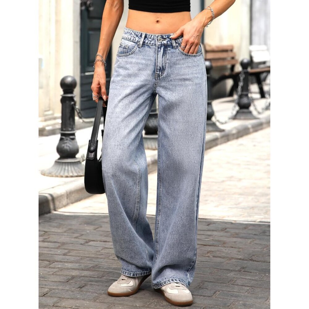Women's Low-Rise Baggy Jeans Cotton Blend High Stretch Wide Leg Style - Picture 3 of 6